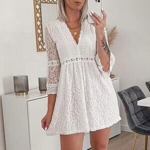 Vintage Floral Lace Womens Dress V Neck Knee Length A-line Swing Medium